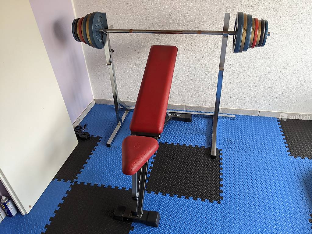 Langhantelbank mit total 125kg komplett, massiv