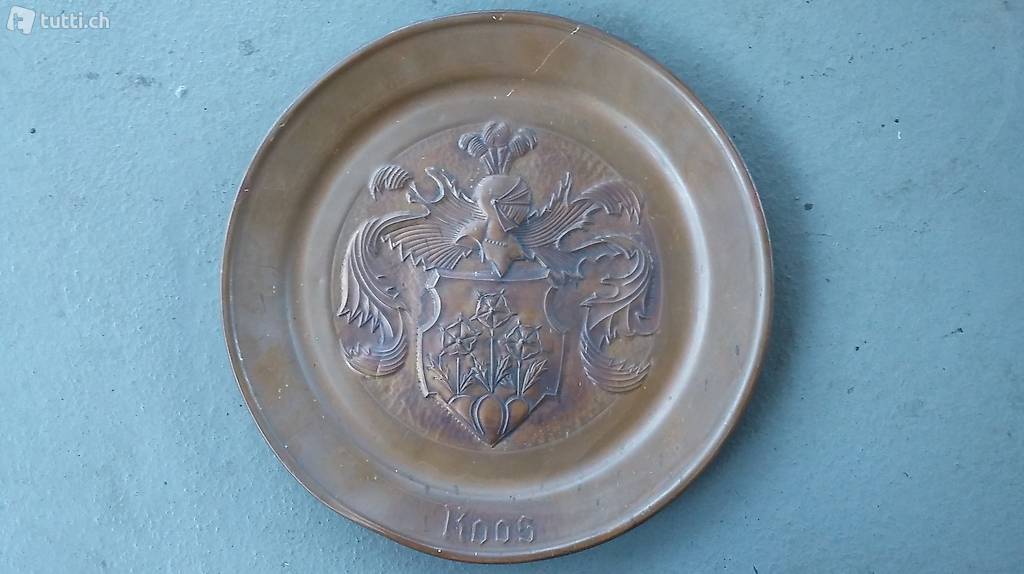 antiker Kupferteller Kupfer Wappenteller mit dem Namen ROOS