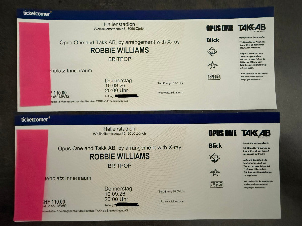 2 Robbie Williams Stehplätze, Do. 10.09.2026 Zürich